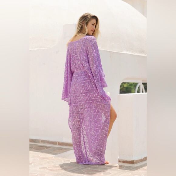 NWT SUNDRESS HELENE LAVENDER LILAC CROCHET SEQUINS CAFTAN KAFTAN f - Picture 2 of 12